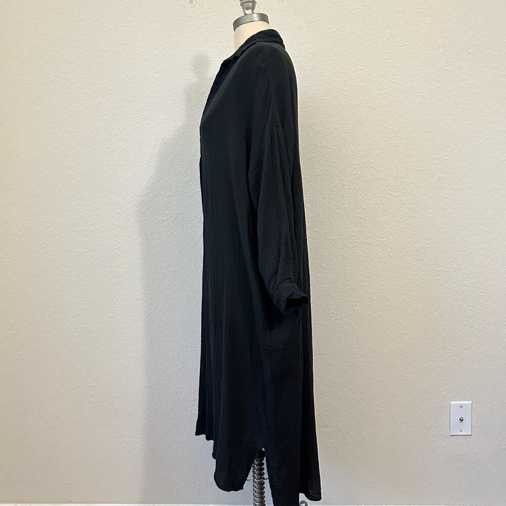 LAUDE THE LABEL Midi Dress Black Gauze Cotton Long Sleeve Seersucker - Picture 7 of 11